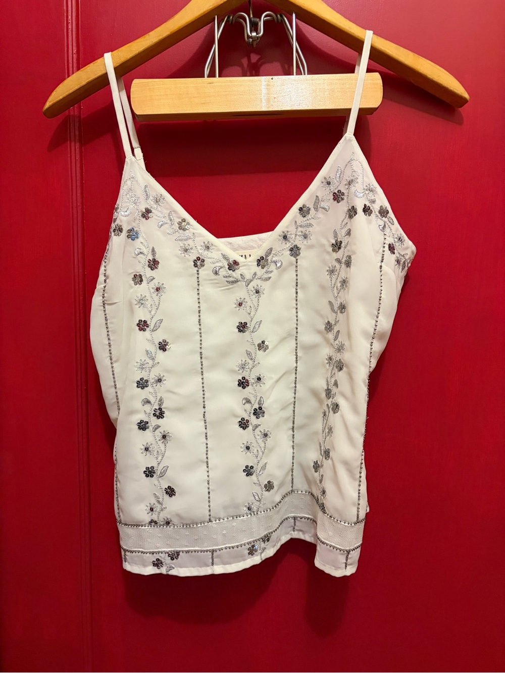 Idyllwind White Spaghetti Strap tank with silver embroidery, sequins and beading